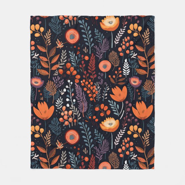 Couverture Polaire Automne Fleurs orange chaudes Feuilles Berries Noi (Devant)