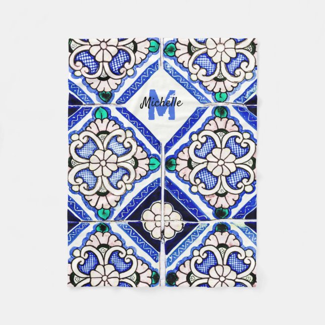 Couverture Polaire Azulejo Motif espagnol Carreaux marine Monogramme  (Devant)