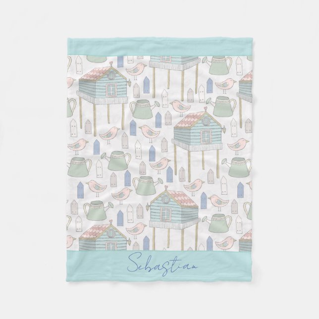 Couverture Polaire Baby Boy Nursery Country Turquoise Birds House Mot (Devant)