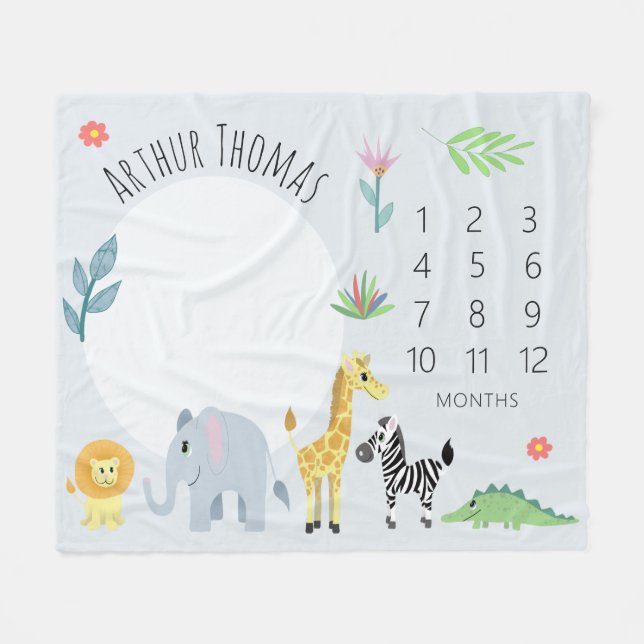 Couverture Polaire Baby Boys mignon Blue Jungle Safari Milestone (Devant (Horizontal))
