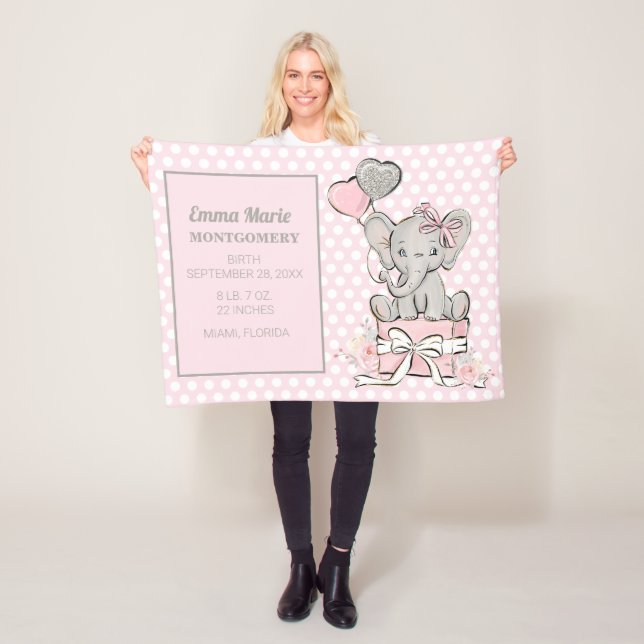 Couverture Polaire Baby Girl Elephant rose argent Faire-part de naiss (En situation)