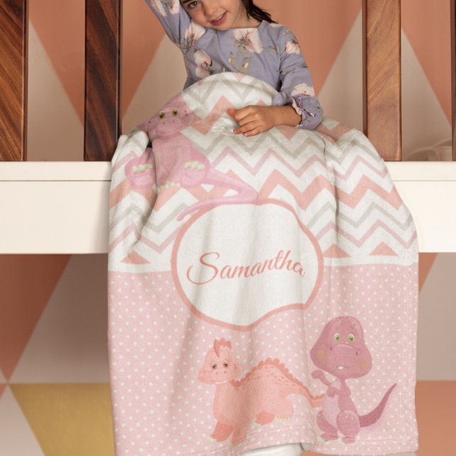 Couverture Polaire Baby Pink Dinosaur Chevron Personnalisé (Créateur téléchargé)