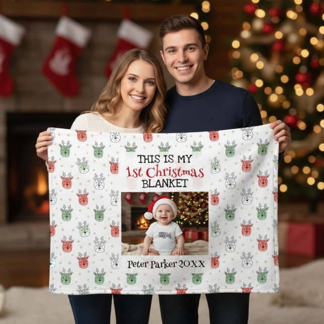 Couverture Polaire Baby’s First Christmas Custom Name Photo Reindeer  (Créateur téléchargé)
