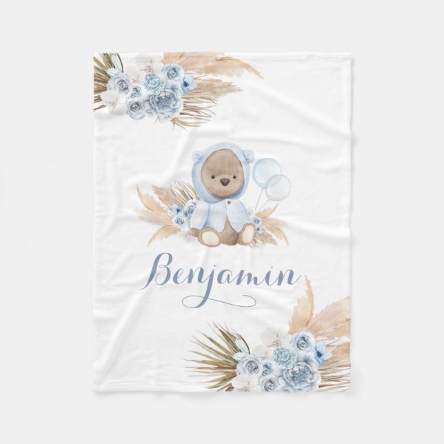 Couverture Polaire Baby shower de garçon en teddy Boho bleu (Devant)