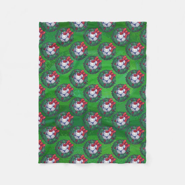 Couverture Polaire Bal de soccer blanc et bleu sur vert (Devant)