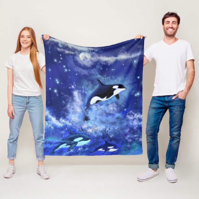 Couverture Polaire Baleines tueuses en Pleine lune - Dessin artistiqu (En situation)