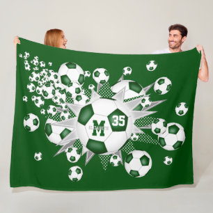 Couverture Polaire ballons de football blanc vert étoiles filles nom