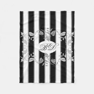 Couverture Polaire Bandes noires et blanches avec Feuilles gris