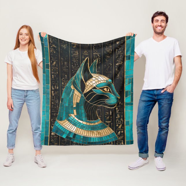 Couverture Polaire Bastet, déesse chatte égyptienne - Art mosaïque (En situation)