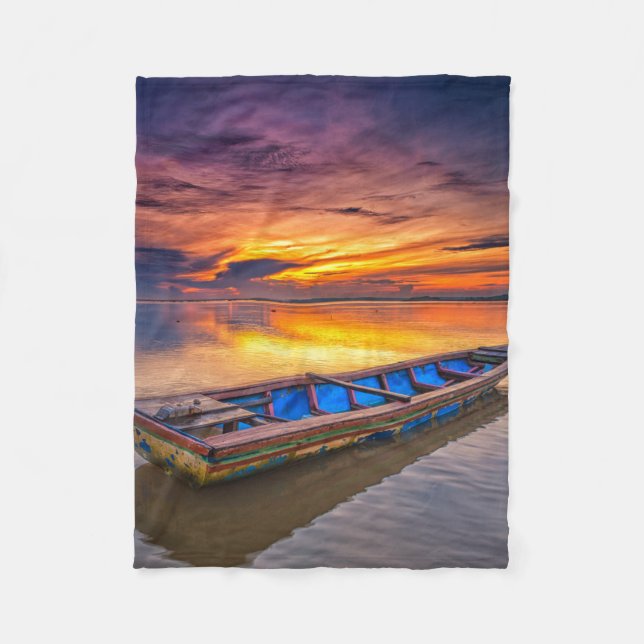 Couverture Polaire Bateau de pêche à la plage du lever de soleil | (Devant)