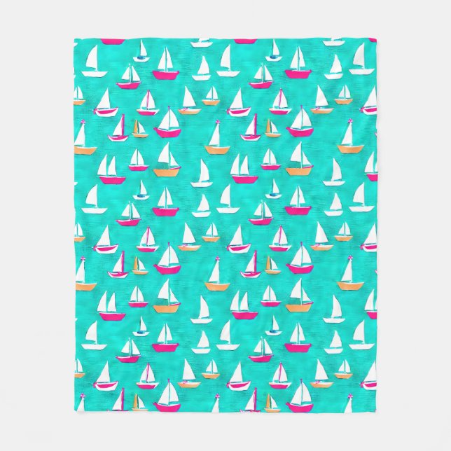 Couverture Polaire Bateaux à voile Motif Rose & Aqua (Devant)