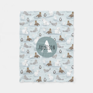 Couverture Polaire Beau hiver Animaux arctiques Bleu Monogramme Enfan