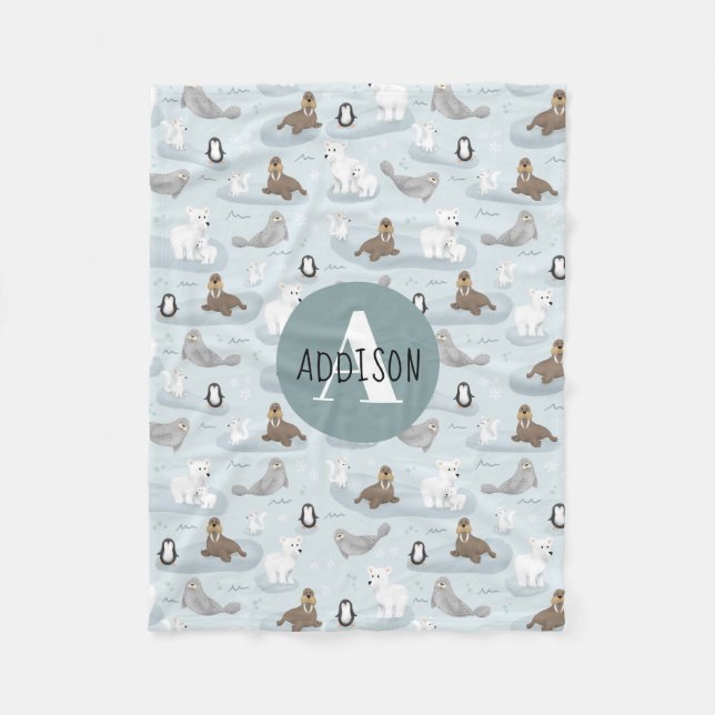 Couverture Polaire Beau hiver Animaux arctiques Bleu Monogramme Enfan (Devant)