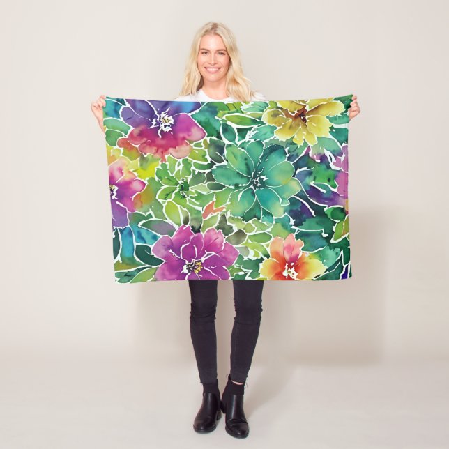 Couverture Polaire Beau Motif de fleurs d'aquarelle (En situation)