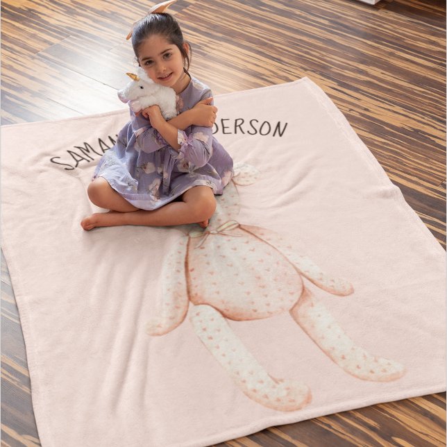 Couverture Polaire Beauté Moderne Pastel Pink Teddy Ours Avec Nom (Créateur téléchargé)