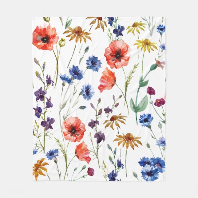 Couverture Polaire Beaux fleurs sauvages, aquarelle, pavot, fleur de  (Devant)