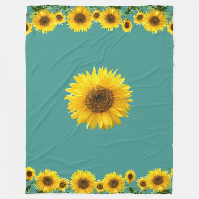 Couverture Polaire Beaux Tournesols Jaunes sur Turquoise (Devant)