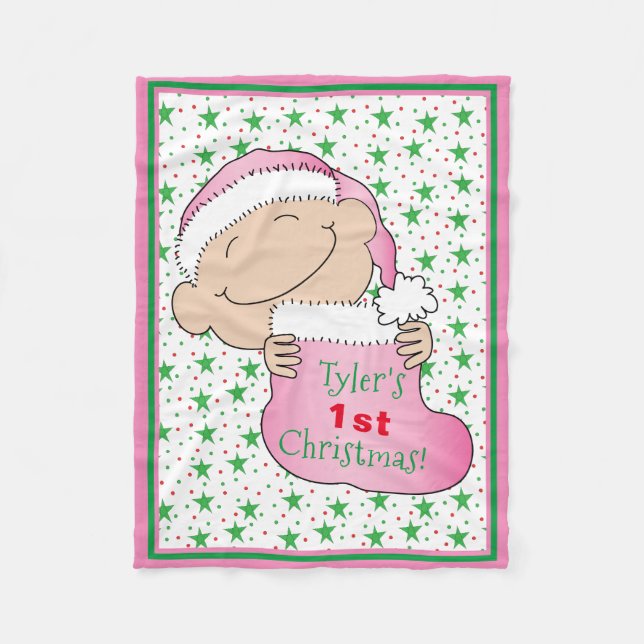 Couverture Polaire Bébé 1er Noël/Blanche en polaire rose (Devant)