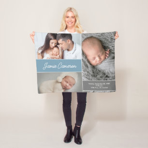 Couverture Polaire Bébé bleu Nom du garçon Date de naissance stat pho