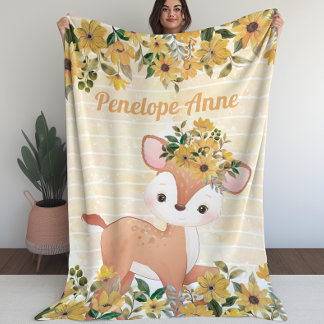 Couverture Polaire Bébé cerf aux tournesols Blanche en polaire avec n