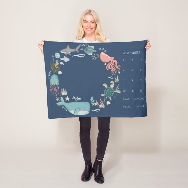 Couverture Polaire Bébé Jalon bleu sous la couronne d'animaux marins (En situation)