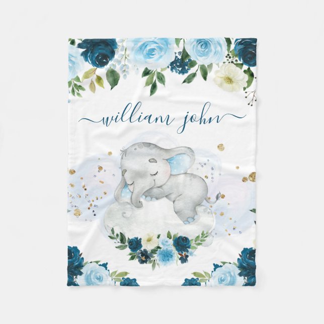 Couverture Polaire Bébé mignon éléphant bébé garçon Marine & Crème  (Devant)