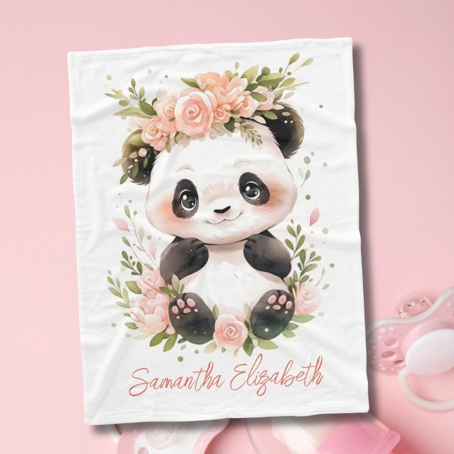 Couverture Polaire Bébé Panda rose Fleurs florales Baby Girl Cadeau (Baby Panda Bear with Pink Flowers Baby Blanket. Personalize it with her name. Available in 3 sizes)