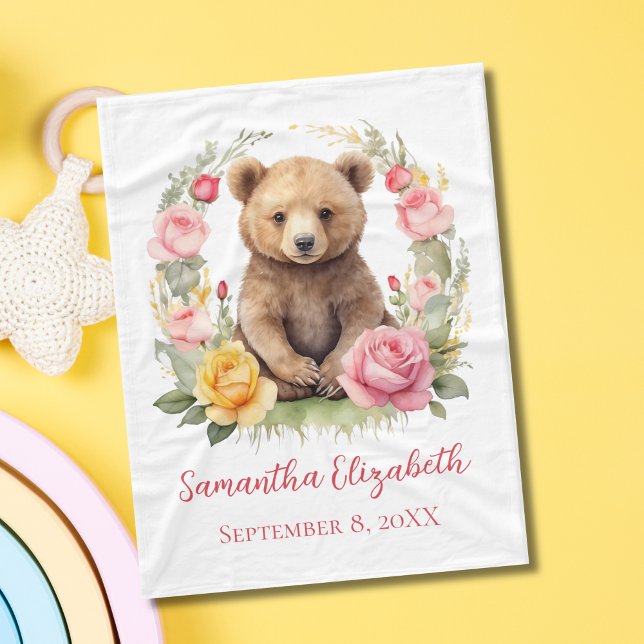 Couverture Polaire Bébé personnalisé Ours rose Roses Jaunes Bébé (Personalized Birth name and date, Baby Bear with Pink Yellow Flowers Roses Baby Blanket)