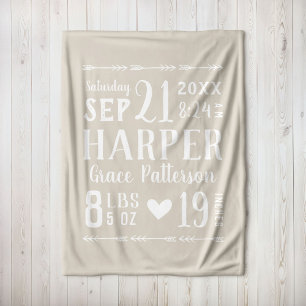 Couverture Polaire Beige Baby Girl Birth Stats Keepsaké