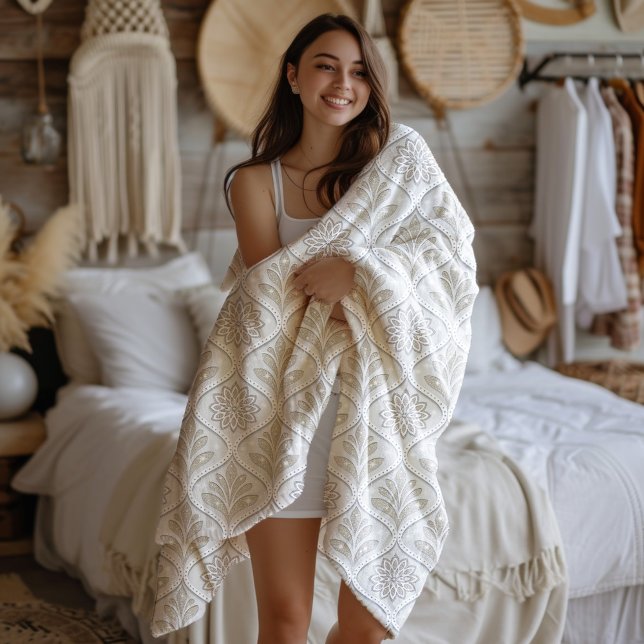 Couverture Polaire Beige & White Sparkling Quatrefoil Pattern (Créateur téléchargé)