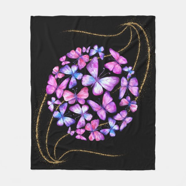 Couverture Polaire Belle Aquarelle Papillons avec Boule d'Or (Devant)