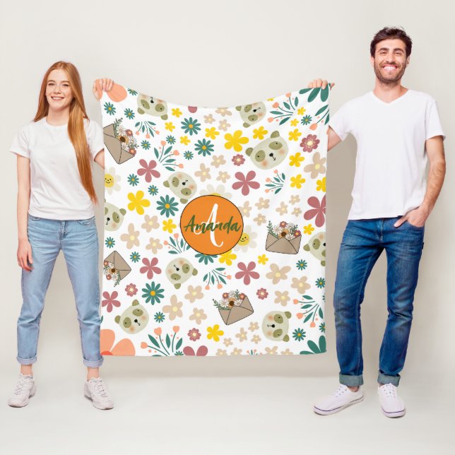 Couverture Polaire Belles fleurs girly monogrammées pastel blanc (En situation)