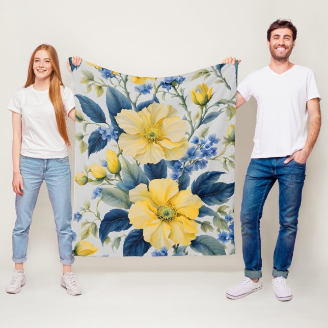 Couverture Polaire Belles Fleurs Jaunes et Bleues (En situation)