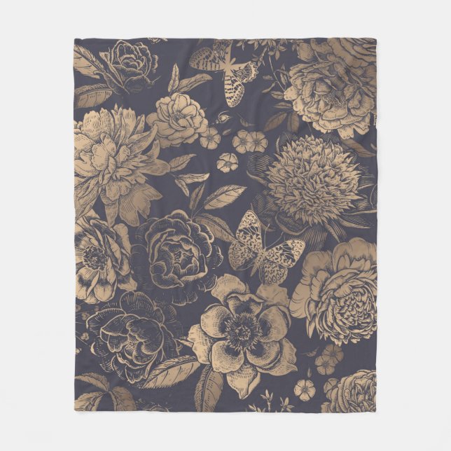 Couverture Polaire Belles pivoines de fleurs, roses et papillons.  (Devant)