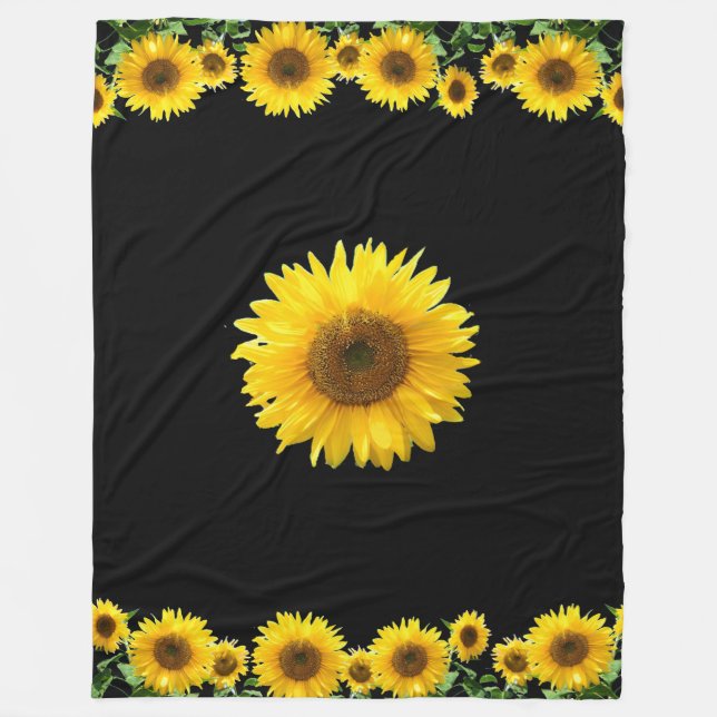 Couverture Polaire Belles Tournesols Jaunes sur Noir (Devant)