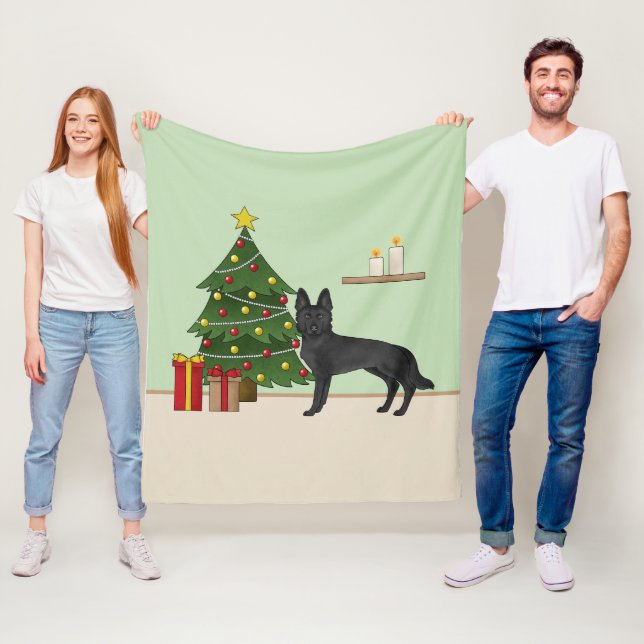 Couverture Polaire Berger Allemand Noir Et Arbre De Noël Festif (En situation)