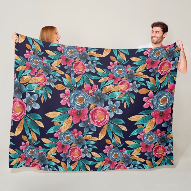 Couverture Polaire Berry Red Navy Mustard Watercolor Fleurs Art (En situation)