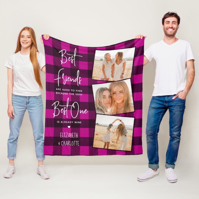 Couverture Polaire Best Friends 3 Photo Friendship Trendy Pink Plaid (En situation)
