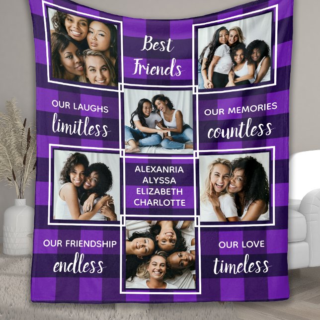 Couverture Polaire Best Friends 6 Photo Collage Unique Purple Plaid (Créateur téléchargé)
