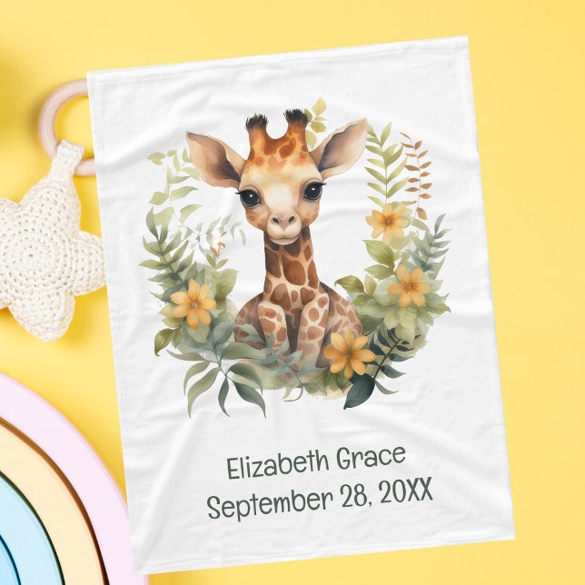 Couverture Polaire Birth Stat Baby Giraffe Jungle Fleur Baby Blanket (Birth Stats Baby Giraffe Baby Blanket. Add babies name and birthday. Baby Shower gift, New baby gift)