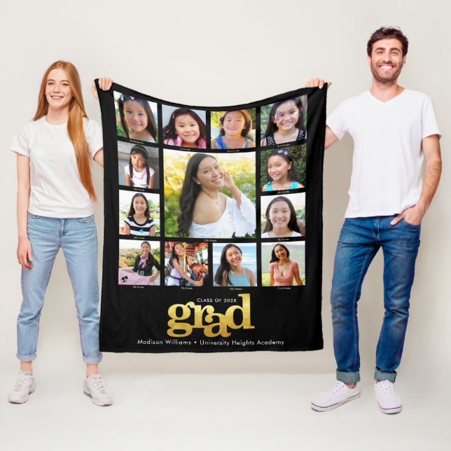 Couverture Polaire Black Gold Graduation K-12 Photo Collage Moderne (En situation)