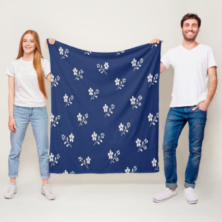 Couverture Polaire Blanc Floral Bleu Marine