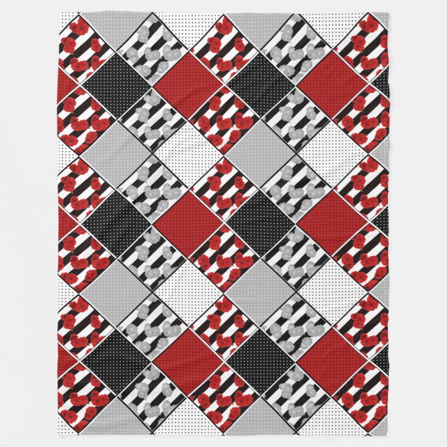 Couverture Polaire Blanc noir avec patchwork rétro rouge (Devant)