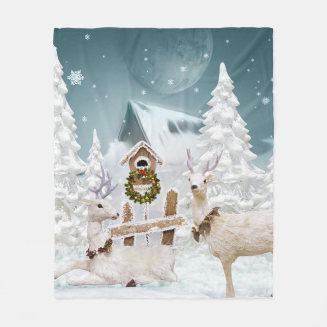 Couverture Polaire Blanc rennes de Noël (Devant)