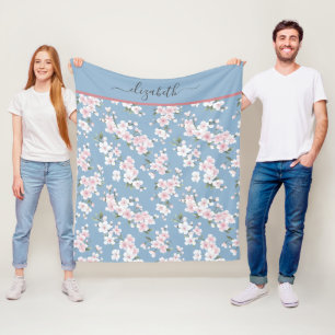 Couverture Polaire Blanc Rose Bleu Floral Fleur Shabby Chic Monogramm