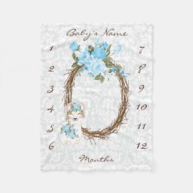 Couverture Polaire Blanche bébé Milestone - Llama - Bleu (Devant)
