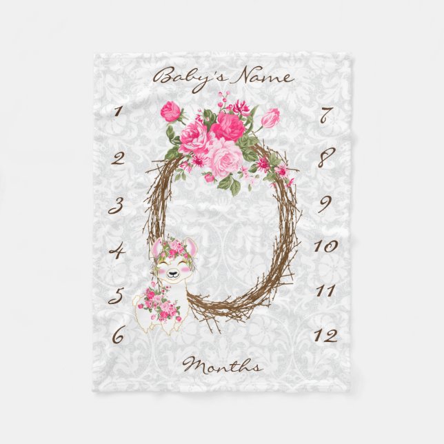 Couverture Polaire Blanche Bébé Milestone - Llama - Rose (Devant)