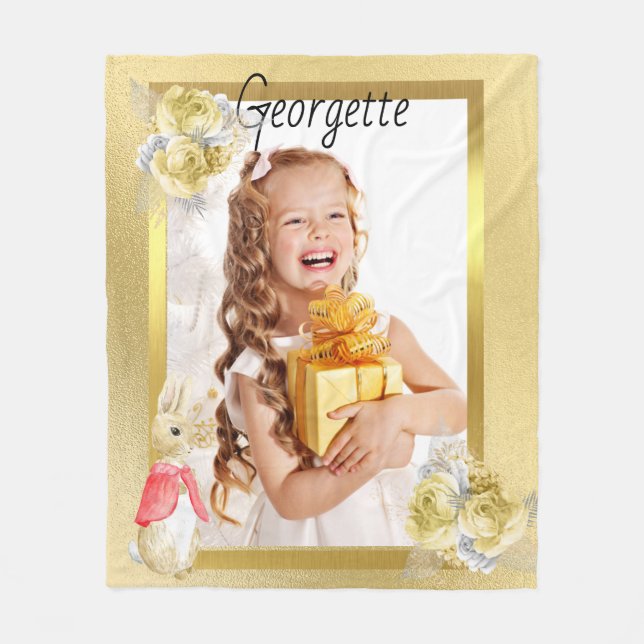 Couverture Polaire Blanche en or photo polaire pour fille avec lapin (Devant)