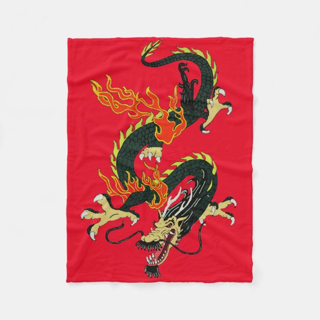 Couverture Polaire Blanche en polaire noire dragon chinois (Devant)