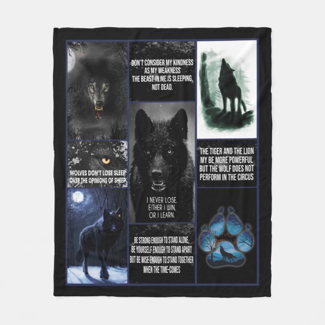 Couverture Polaire Blanche Loup Noir, Blanche Cadeau Amour Animal (Devant)